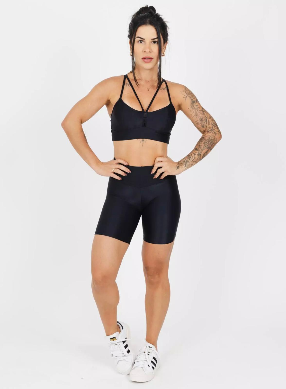 Black Active Set – High-Waist Biker Shorts + Strappy Sports Bra