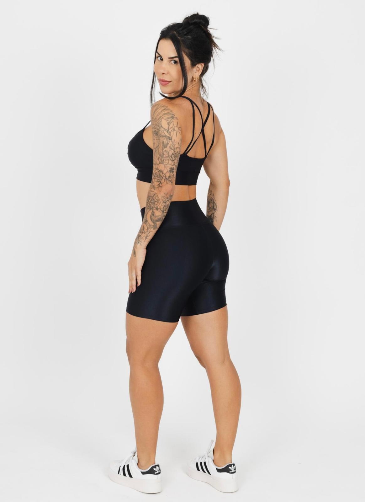 Black Active Set – High-Waist Biker Shorts + Strappy Sports Bra