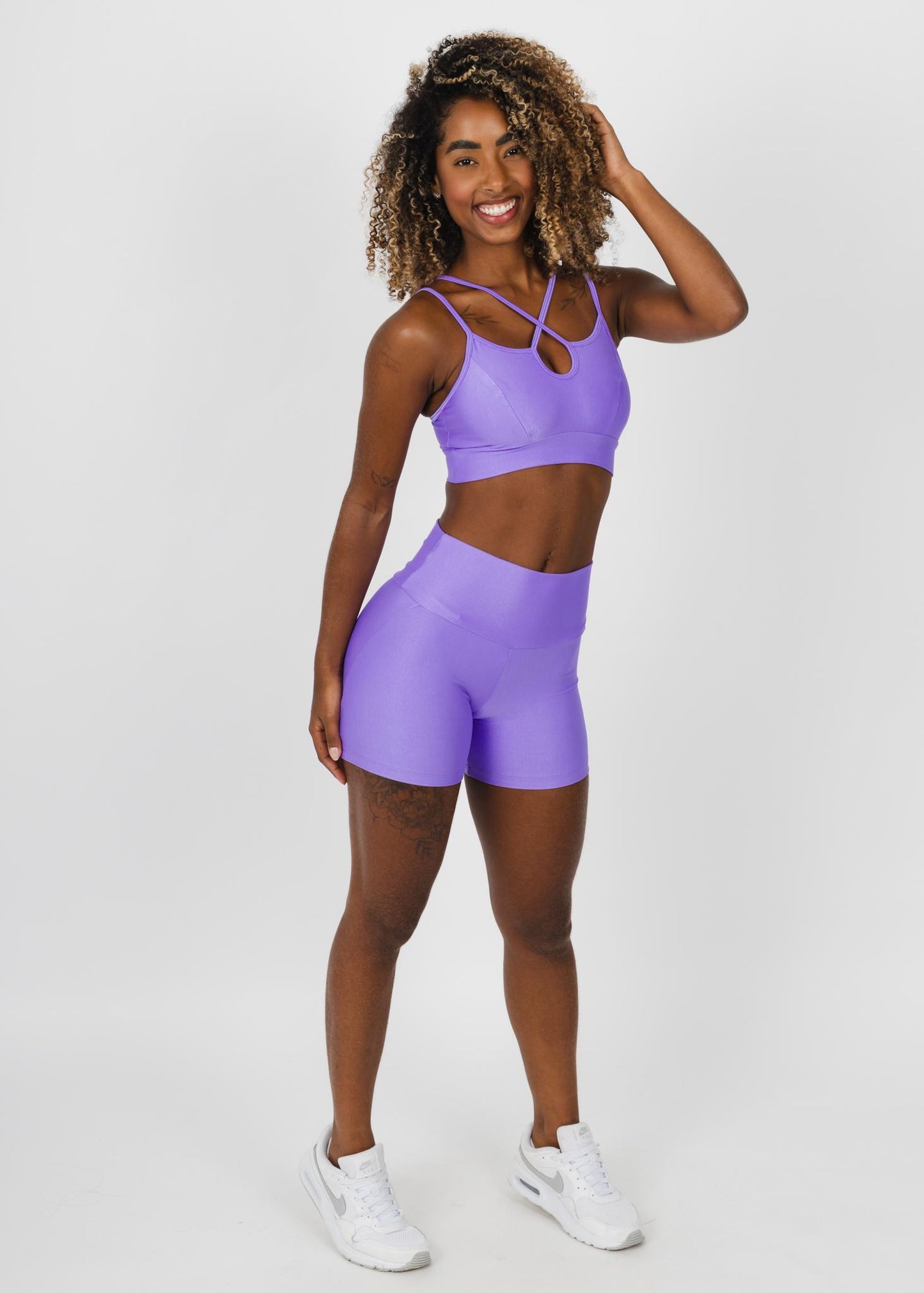 Lilac Active Set – High-Waist Shorts + Strappy Cutout Sports Bra